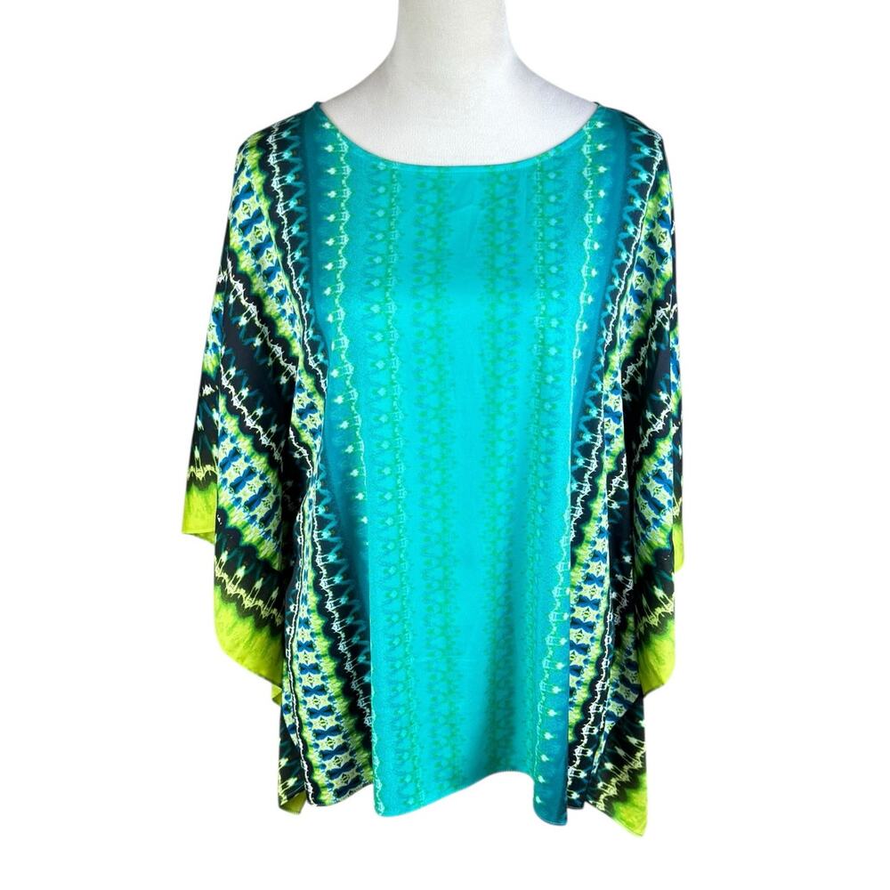 Bob Mackie Teal Blue Green Printed Poncho Blouse